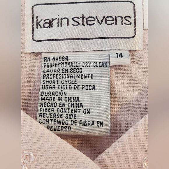 Vtg Karin Stevens 14 PastelPink LINENBlendFaux2Piece Women Midi Embroidery Dress - Picture 2 of 13